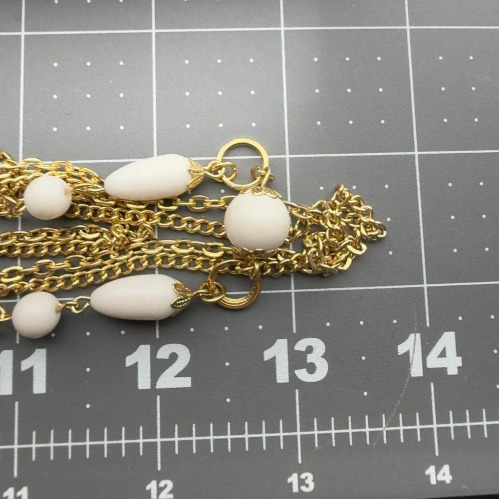 Vintage Multi Strand Necklace White Milk Glass Bead Layered Gold Tone Japan